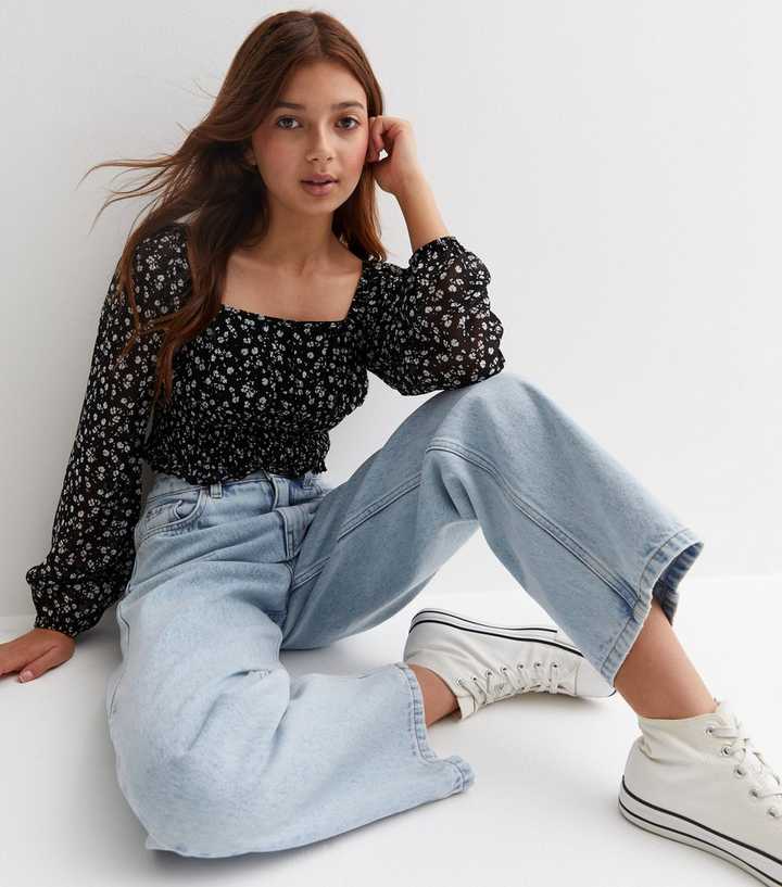 Girls Black Ditsy Floral Square Neck Top