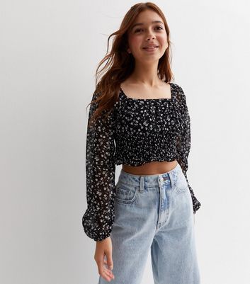 Girls Black Ditsy Floral Square Neck Top New Look