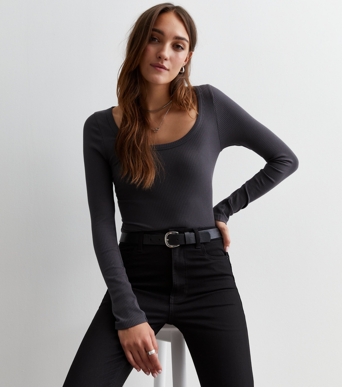 Women's Dark Grey Ribbed Scoop Neck Top New Look