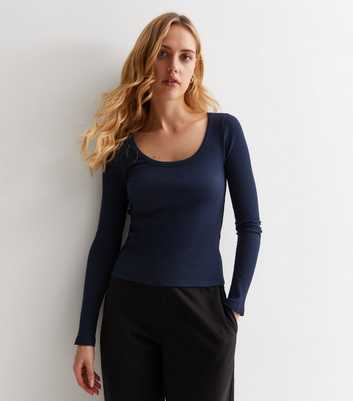 Navy Ribbed Scoop Neck Top