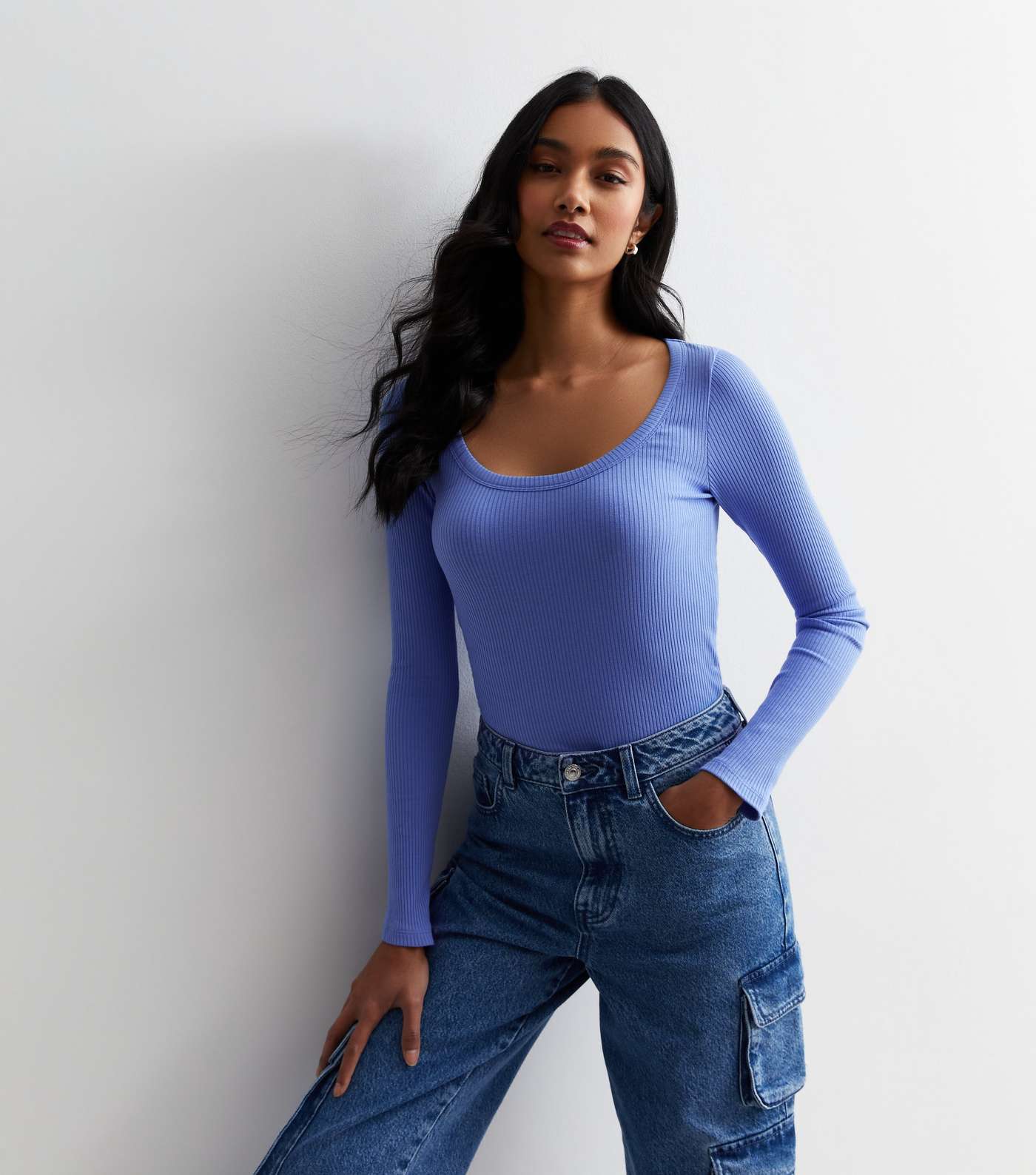 Blue Ribbed Scoop Neck Top