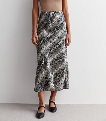 Light Grey Snakeskin Satin Midaxi Skirt New Look