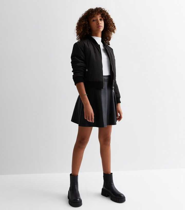 Girls Black Leather-Look Mini Skirt
