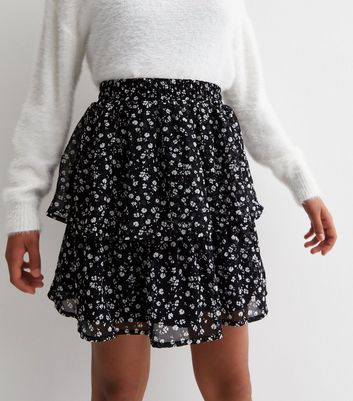 Girls Black Ditsy Print Tiered Mini Skirt New Look