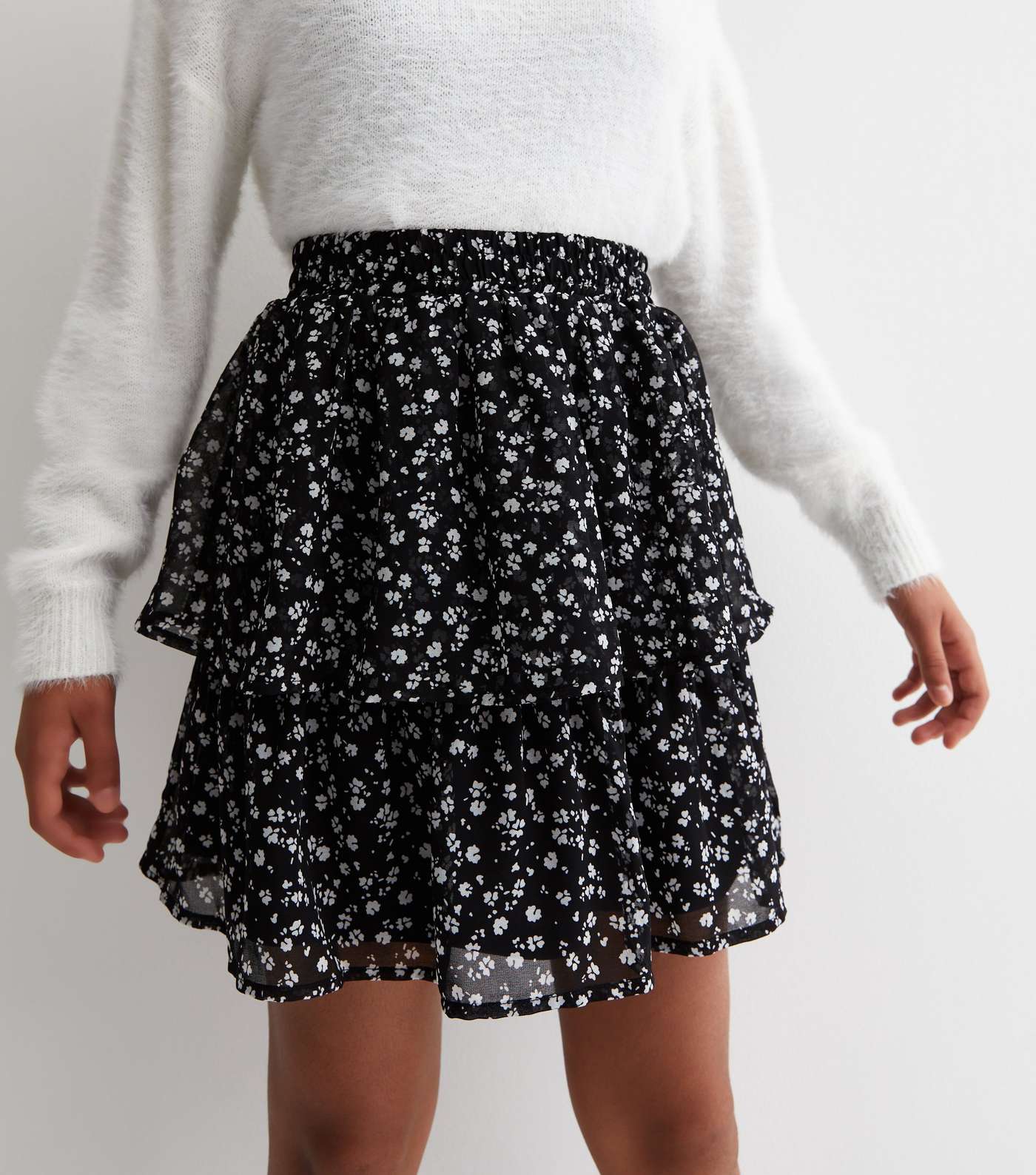 Girls Black Ditsy Print Tiered Mini Skirt Image 2