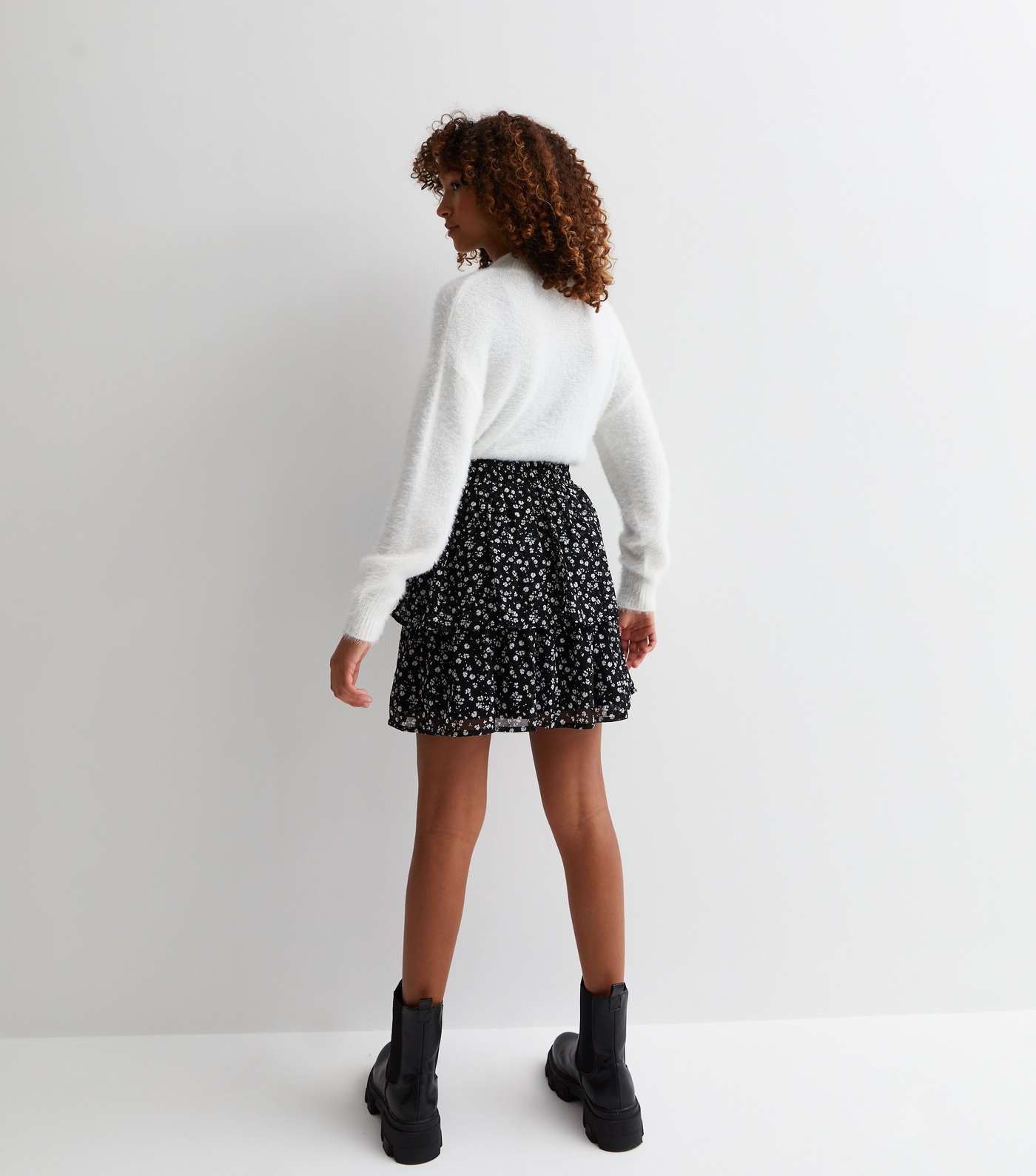Girls Black Ditsy Print Tiered Mini Skirt Image 4
