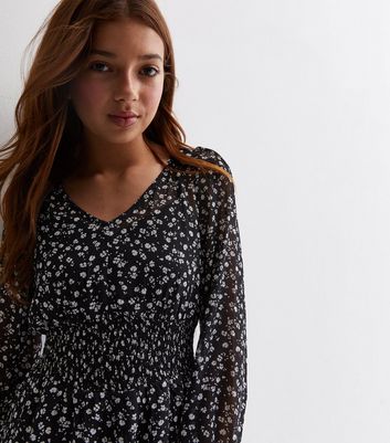 Girls Black Ditsy Floral Print Long Sleeve Tiered Mini Dress | New Look