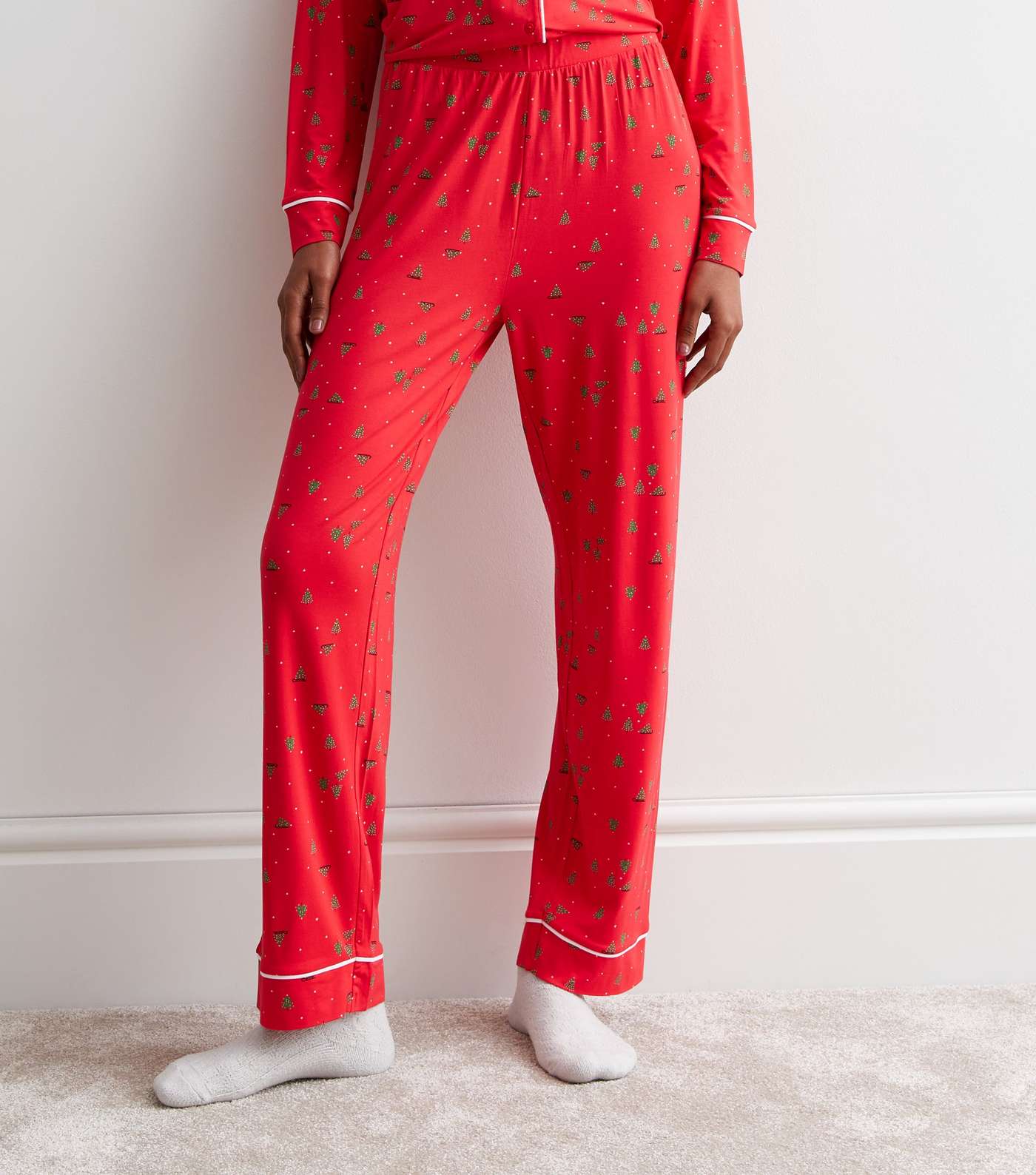 Red Trouser Pyjama Set with Christmas Tree Print Image 3