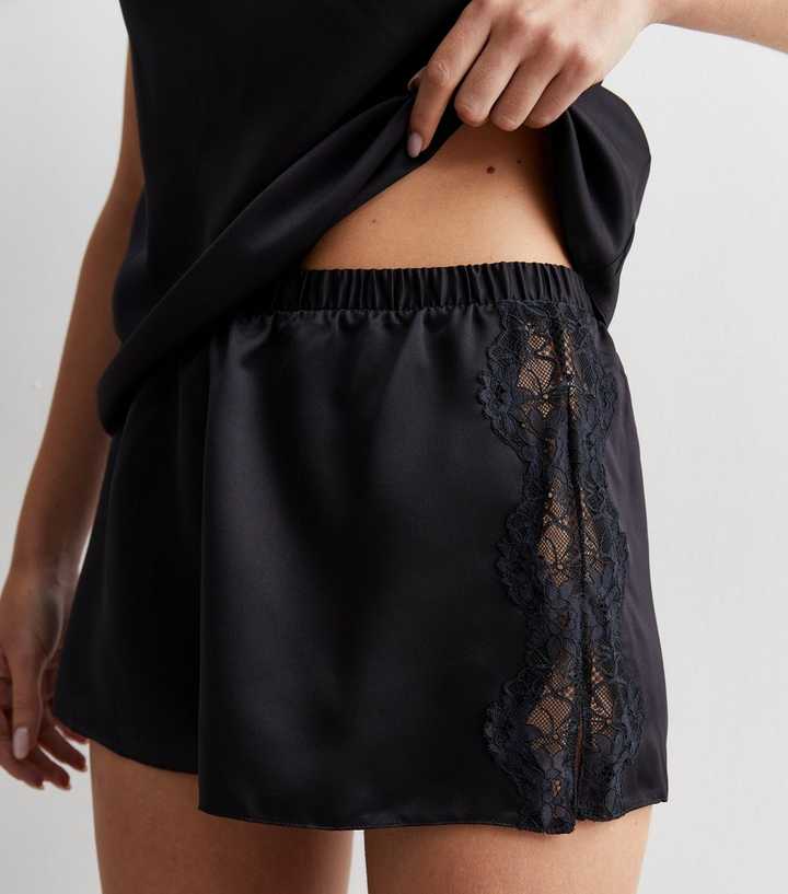 Black Lace Trim Satin Cami Shorts Pyjama Set