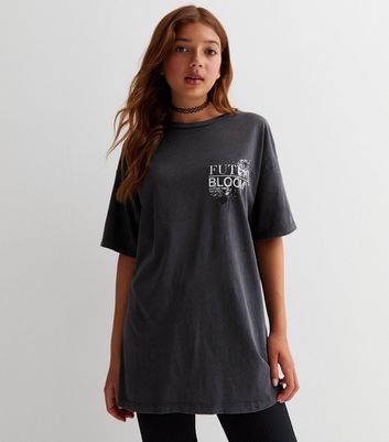Girls Dark Grey Cotton Future Bloom Longline Oversized T-Shirt New Look