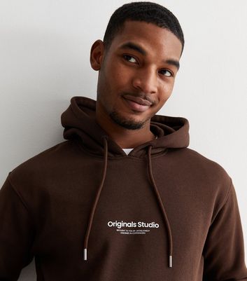 Jack Jones Dark Brown Originals Studio Logo Hoodie New Look