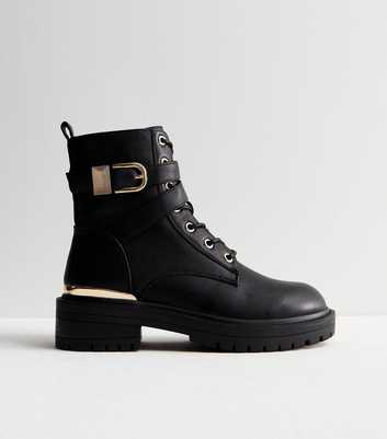Black Leather-Look Buckle Chunky Biker Boots
