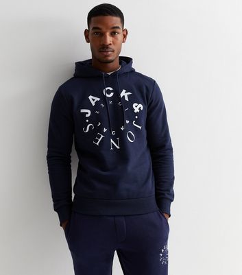 Jack Jones Navy Jersey Logo Hoodie New Look