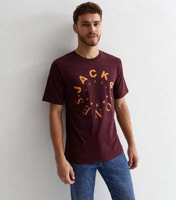 Men's Jack & Jones Burgundy Cotton Logo T-Shirt New Look