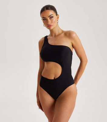 Urban Bliss Black One Shoulder Cut Out Swimsuit New Look