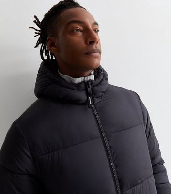 Black hooded puffer store jacket with funnel neck