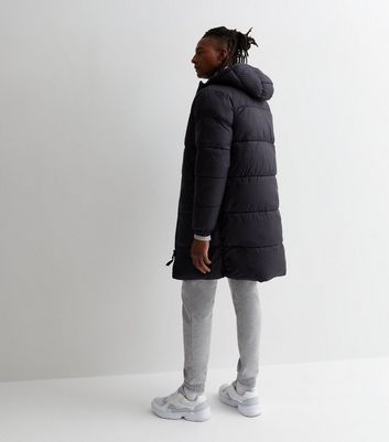 Brave Soul - Tall long line puffer coat with hood in black