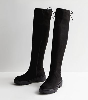 Black Chunky Suedette Over Knee Boots New Look