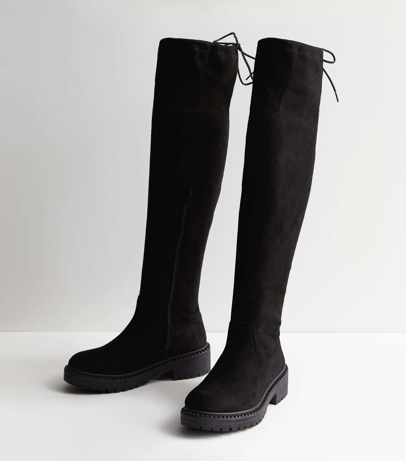 Black Chunky Suedette Over Knee Boots Image 2