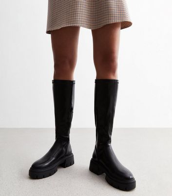 Black Leather-Look Stretch Chunky Block Heel High Leg Boots New Look