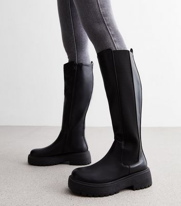 Black Leather Look Chunky Knee High Boots New Look