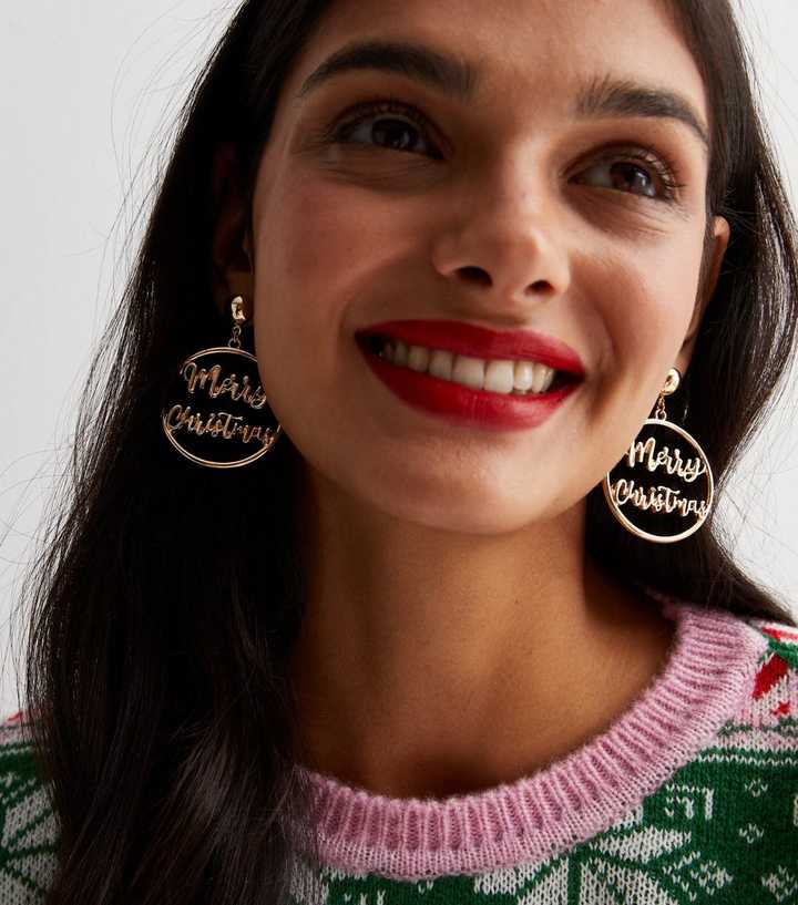 Gold Merry Christmas Circle Hoop Earrings