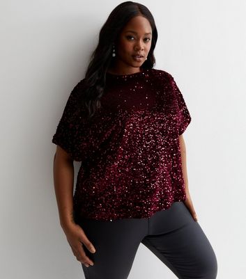 Curves Burgundy Sequin T-Shirt | New Look