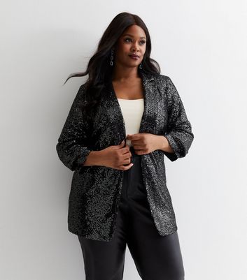 Black Sequin Ruched Sleeve Blazer