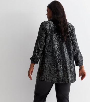 Curves Black Sequin Ruched Sleeve Blazer New Look