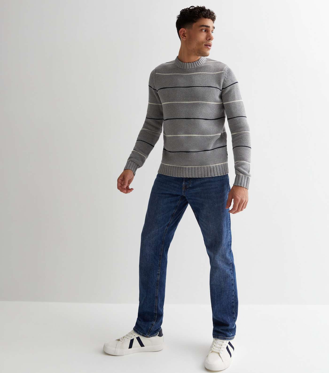 Only & Sons Pale Grey Stripe Knit Crew Neck Jumper Image 2
