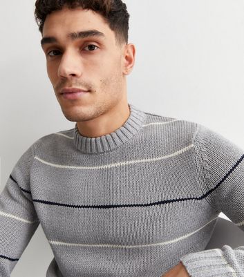 Men's Only & Sons Pale Grey Stripe Knit Crew Neck Jumper New Look