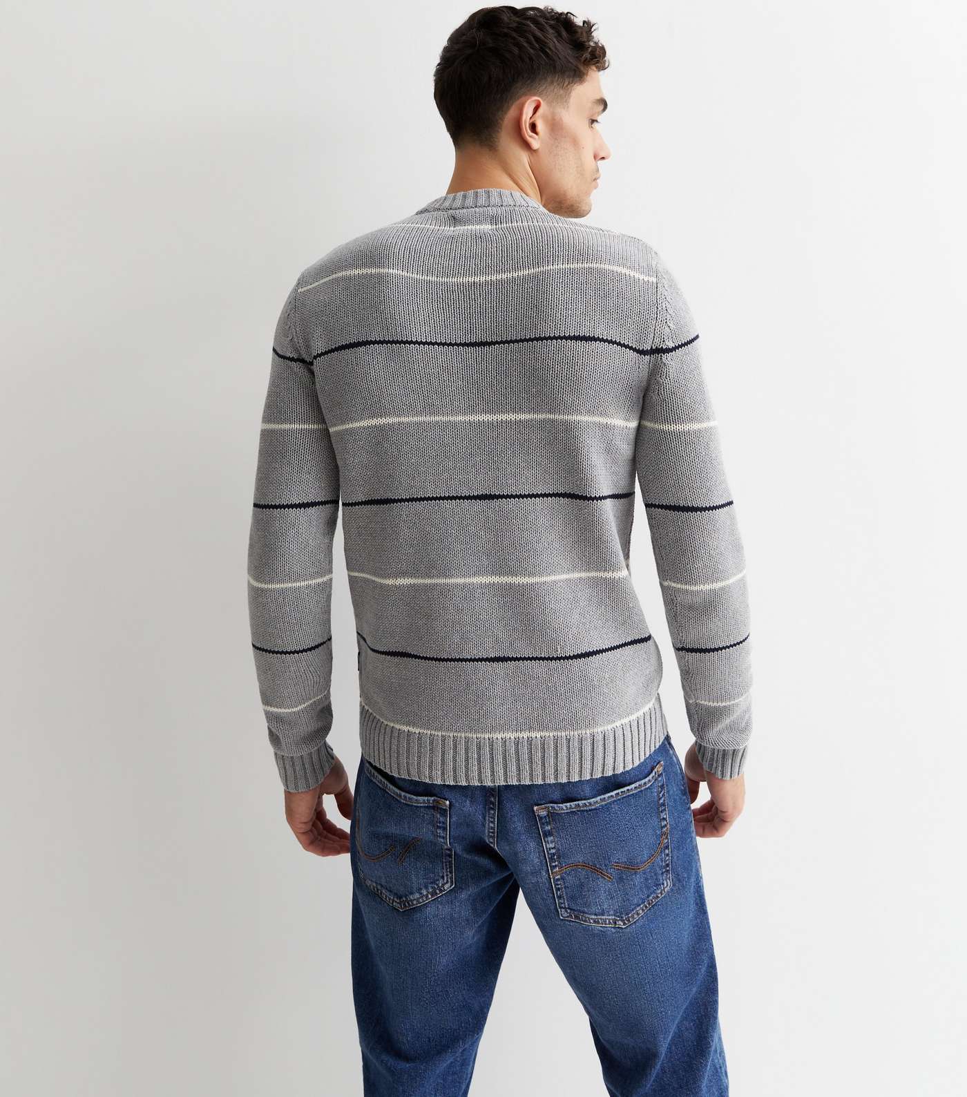Only & Sons Pale Grey Stripe Knit Crew Neck Jumper Image 4