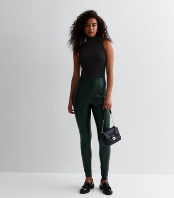 Tall Dark Green Leather-Look Leggings New Look