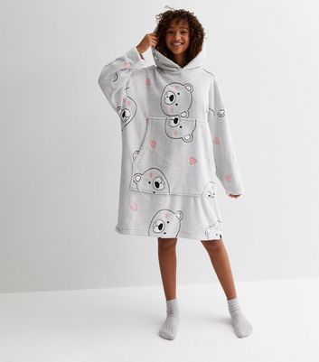 Girls Light Grey  Polar Bear Print Oversized Blanket Hoodie New Look
