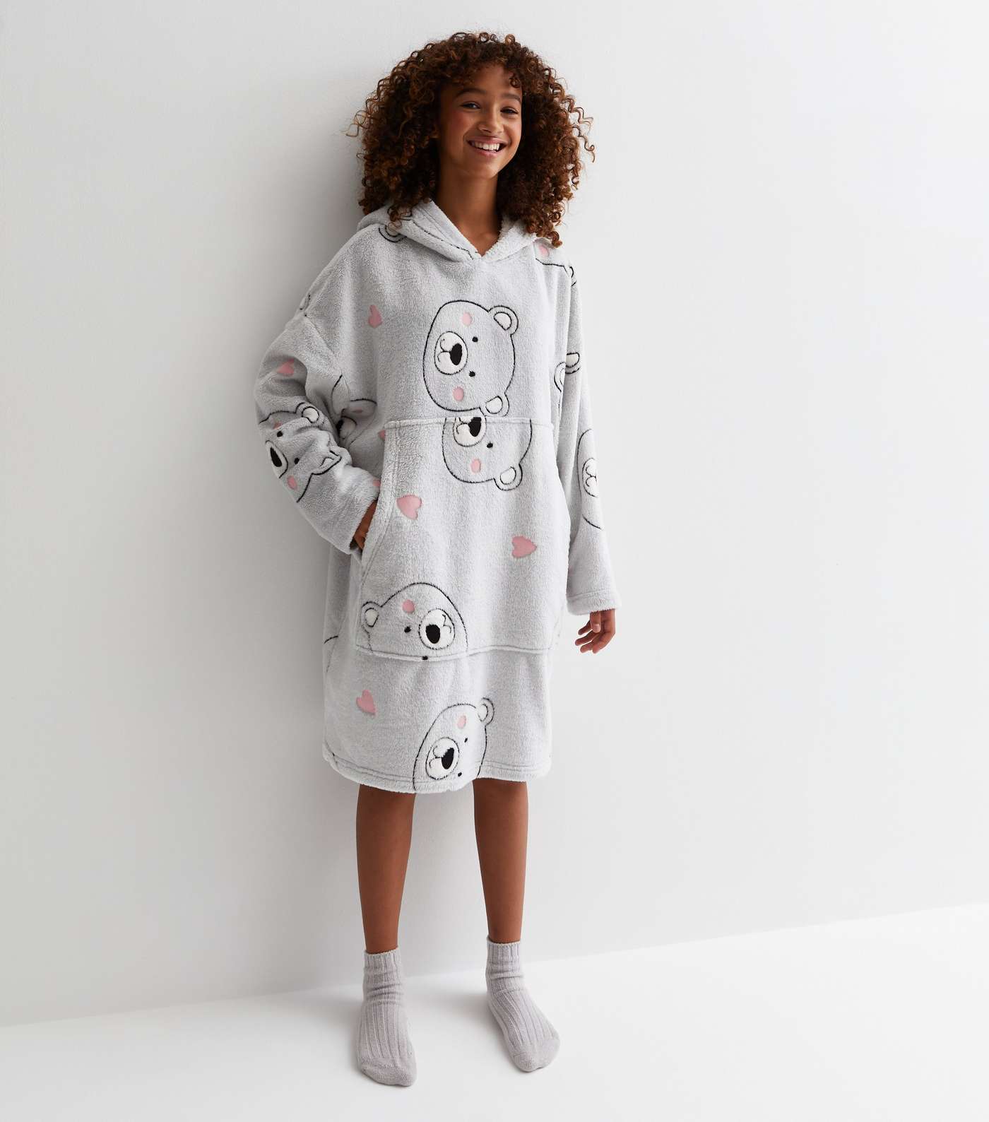 Girls Light Grey  Polar Bear Print Oversized Blanket Hoodie Image 3