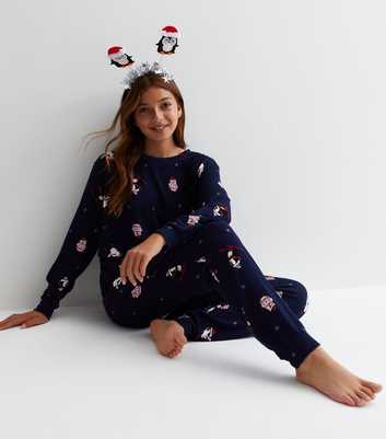 Girls Blue Family Christmas Pyjama Set with Penguin Print
