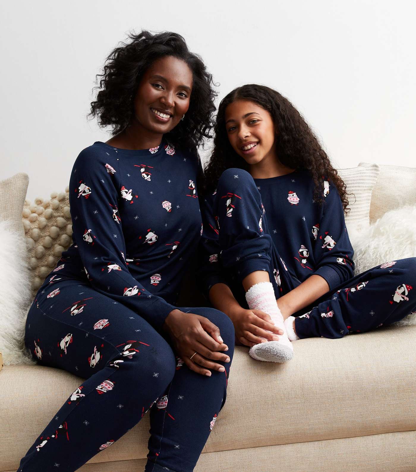 Girls Blue Family Christmas Pyjama Set with Penguin Print Image 2