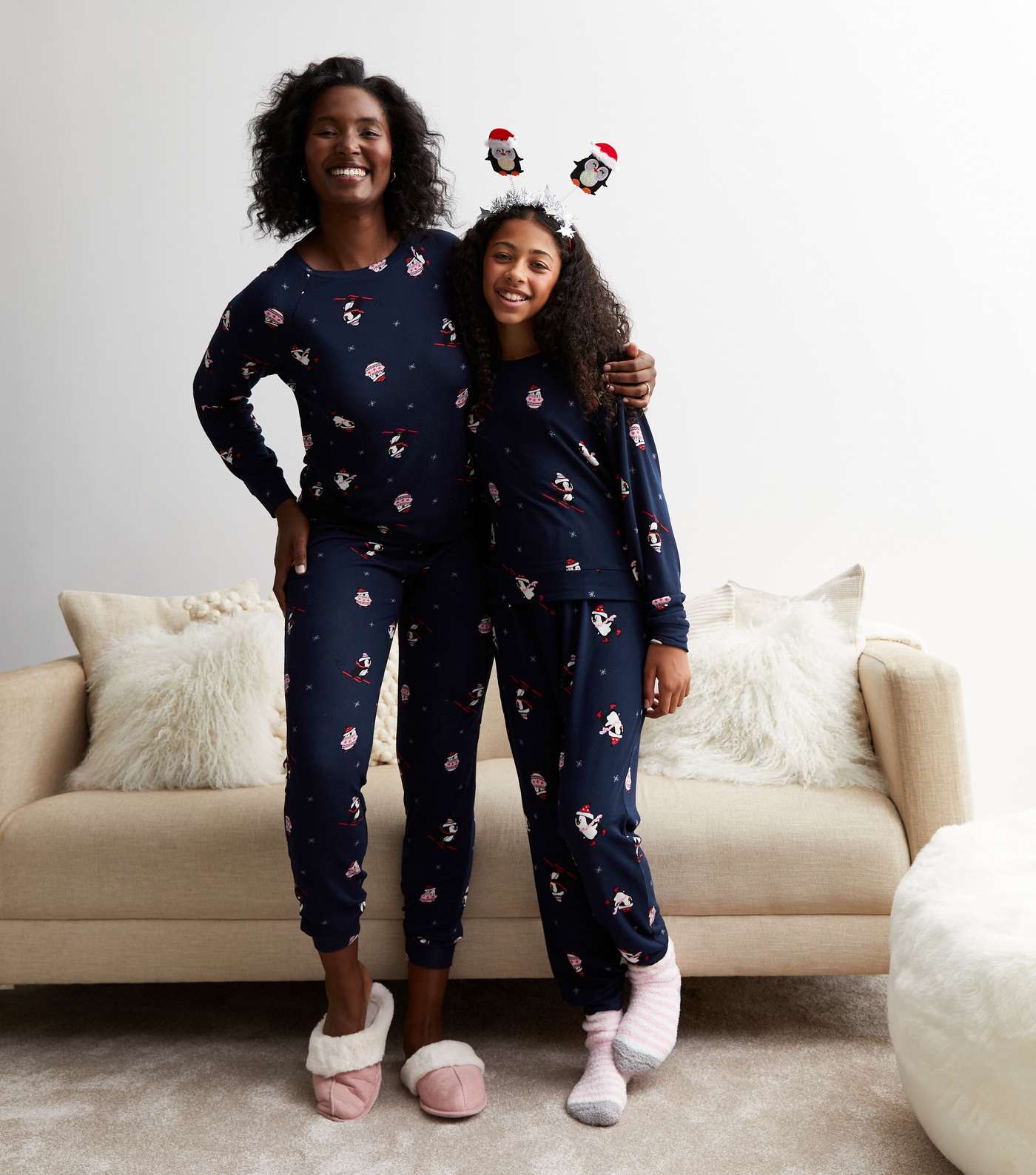 Girls Blue Family Christmas Pyjama Set with Penguin Print Image 6