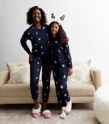 Girls Blue Family Christmas Pyjama Set with Penguin Print New Look