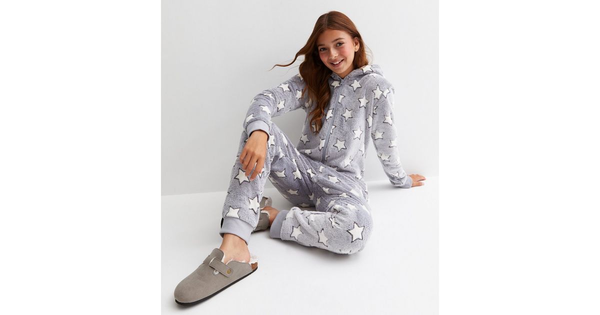 Girls Grey Star Print Fleece Onesie New Look - Main Image