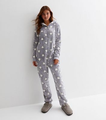Girls Grey Star Print Fleece Onesie New Look