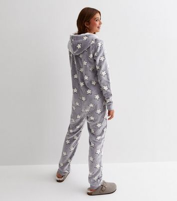 Girls Grey Star Print Fleece Onesie New Look