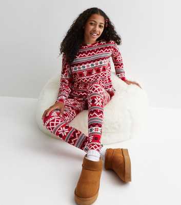 Girls Red Leggings Family Pyjama Set with Fair Isle Print