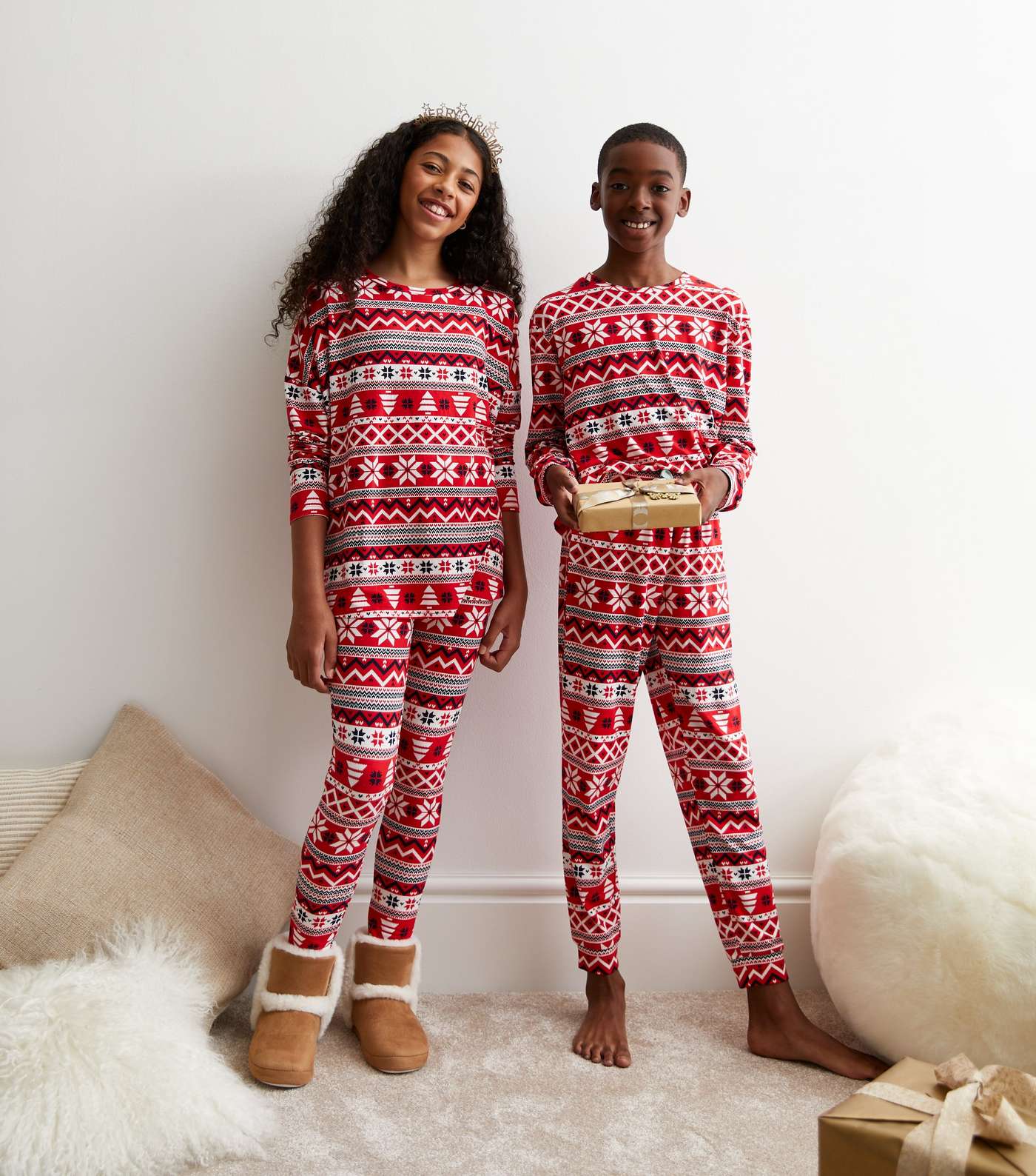 Girls Red Leggings Family Pyjama Set with Fair Isle Print Image 7