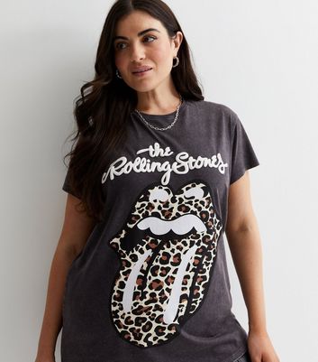 Curves Dark Grey Acid Wash The Rolling Stones Logo T-Shirt New Look