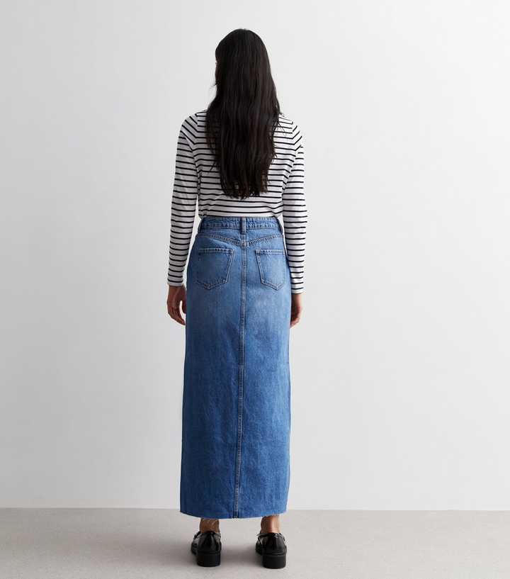 High Waisted Split Front Denim Maxi Skirt