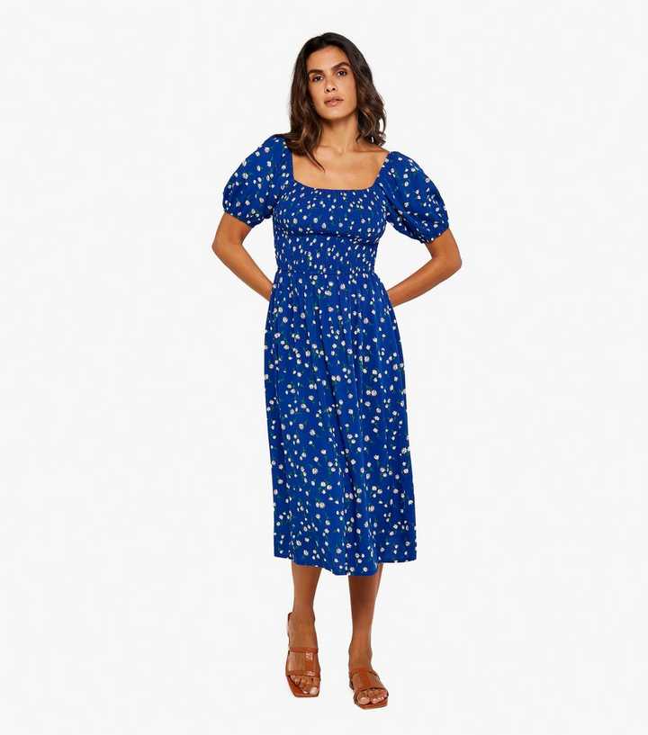 Apricot Blue Floral Puff Sleeve Midi Dress