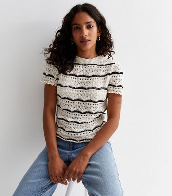 Petite White Crochet Wave Knit Top | New Look