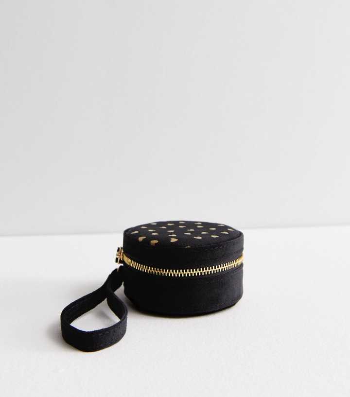 Black Heart Print Velvet Round Jewellery Box
