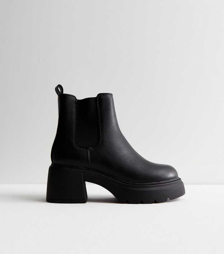 Black Leather-Look Chunky Block Heel Chelsea Boots